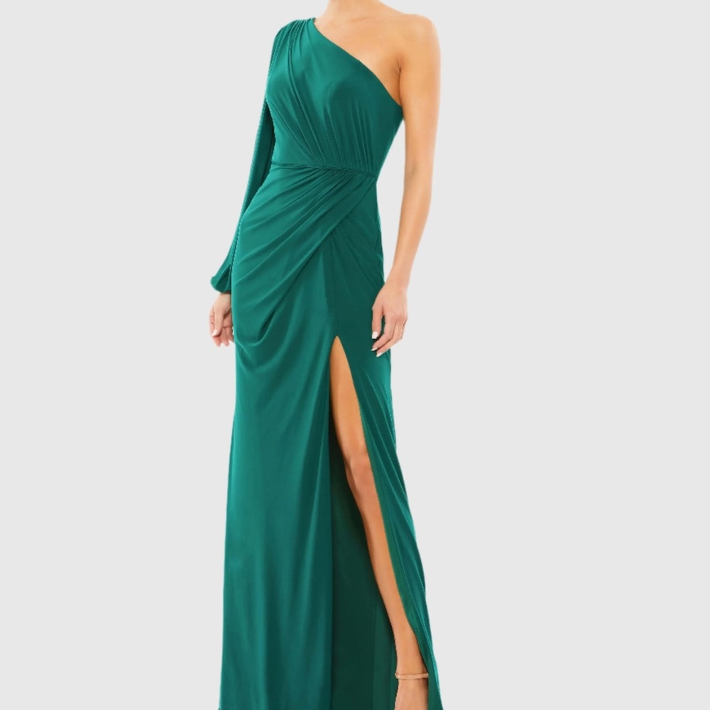 Mac Duggal 67879 Green One Shoulder Puff Sleeve Faux Wrap Gown
